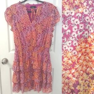 NWT MSK Summery Floral Smocked Ruffle Dress in Fushia Pink Size L